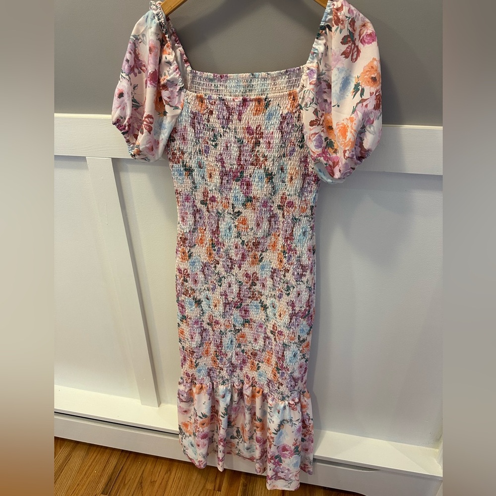 SHEIN Floral Midi Dress with Puff Sleeves size S